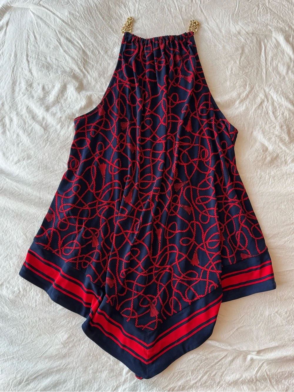 Michael Kors Navy Halter Tank with Red Rope-Print & Gold Chain Straps